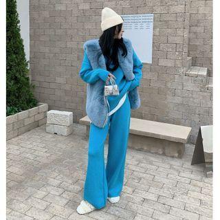 Open-front Furry Vest Jacket / Set: Loose-fit Sweater + Wide-leg Pants