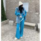 Open-front Furry Vest Jacket / Set: Loose-fit Sweater + Wide-leg Pants