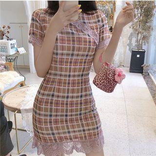 Plaid Lace-trim Qipao Dress