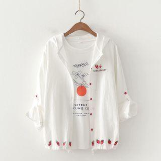 Strawberry Embroidered Hooded Shirt White - One Size