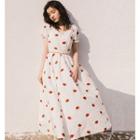 Short-sleeve Embroidered Strawberry A-line Midi Dress