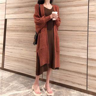 Open-front Long Knit Cardigan / V-neck Tank Dress