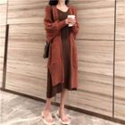 Open-front Long Knit Cardigan / V-neck Tank Dress