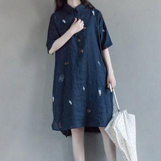 Printed Elbow-sleeve Collared Dress
