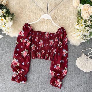 Floral Print Chiffon Smocked Cropped Blouse
