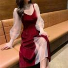 Set: Mesh Long-sleeve Top + Velvet Spaghetti Strap Midi A-line Dress