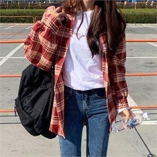 Pocket-front Loose-fit Plaid Shirt Wine Red - One Size
