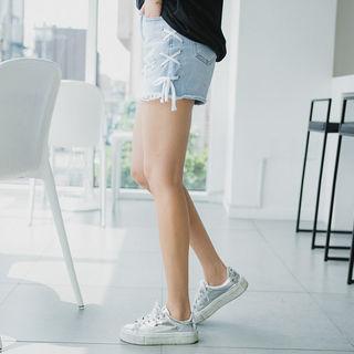 Fray-hem Lace-up Trim Denim Shorts