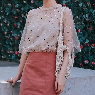 Set: Elbow-sleeve Dotted Mesh Top + Camisole