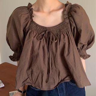 Elbow-sleeve Plain Blouse Dark Coffee - One Size