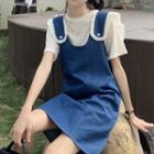 Elbow-sleeve T-shirt / Denim Mini A-line Overall Dress