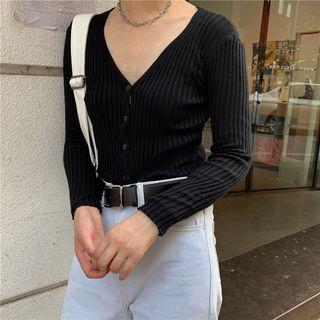 Long-sleeve Ribbed Buttoned Knit Top Black - One Size