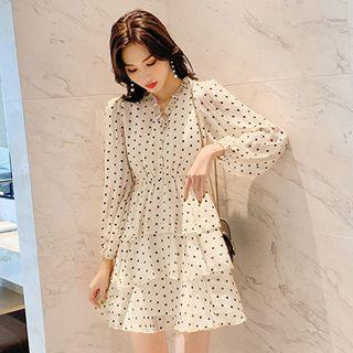 Long-sleeve Dotted Tiered A-line Dress