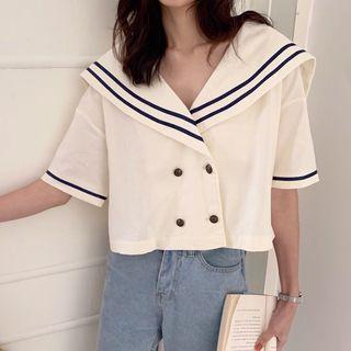 Sailor Collar Short-sleeve Blouse White - One Size