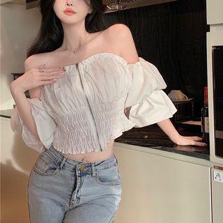 Off-shoulder Smocked Zipper Crop Top