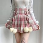 Plaid High-waist Pom Pom Pleated Mini Skirt