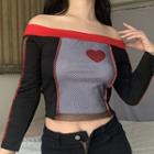 Long Sleeve Off-shoulder Heart Print Mesh Panel Crop Top