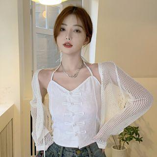 Halter-neck Fringe Buttoned Camisole Top / Pointelle Knit Cardigan