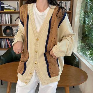 Color-block Oversized Button-up Knit Cardigan