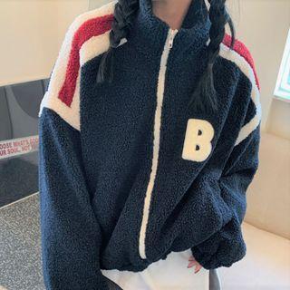 Lettering Fleece Zip-up Jacket White & Dark Blue - One Size