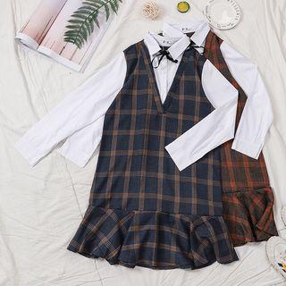 Ruffled Hem Plaid Panel Mock Two Piece Dress