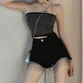 Short-sleeve Buckled Crop T-shirt / Crop Knit Camisole Top / Studded Tube Top / Rhinestone Fringe Denim Shots