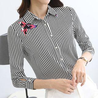 Striped Lace Embroidered Long Sleeve Shirt