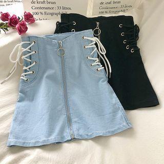 Lace Up Zipper Denim A-line Skirt