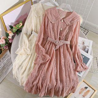 Mesh Collar Lace Long-sleeve A-line Dress
