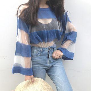 Stripe Sheer Panel Long-sleeve Top