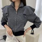 High-neck Frill-trim Checked Zip-up Jacket