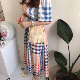 Plaid Panel Short-sleeve Tie-waist Midi A-line Dress