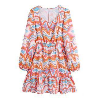 Long-sleeve Marble Print V-neck Mini A-line Dress