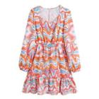 Long-sleeve Marble Print V-neck Mini A-line Dress