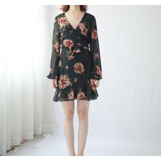 Long-sleeve Floral Mini Chiffon Wrap Dress