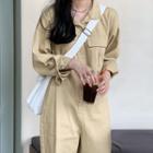 Long-sleeve Cargo Jumpsuit Khaki - One Size