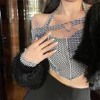 Long-sleeve Cold-shoulder Check Cropped Top / Plain Lace-up Slim-fit Pants / Furry Jacket