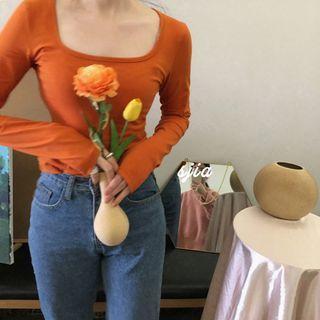 Long-sleeve Square-neck T-shirt Orange - One Size