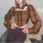 Long-sleeve Collared Plaid Crop Top