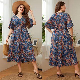 Plus Size Short-sleeve Printed Midi A-line Dress