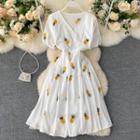 Short-sleeve V-neck Fruit Embroidered Midi Dress