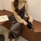 Long-sleeve Mock-neck Lace Top / Velvet Midi A-line Overall Dress