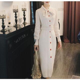 Tie-neck Long-sleeve Midi Knit Sheath Dress