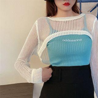 Cut-out Long Sleeve Top/lettering Embroidered Knitted Tank Top