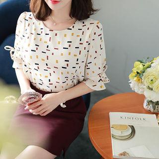 Beribboned Bell-sleeve Patterned Top Beige - One Size