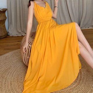 Plain Spaghetti Strap Open-back Maxi A-line Dress