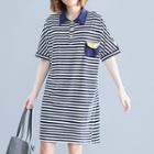 Pinstriped Short-sleeve Polo Dress As Shown In Figure - One Size