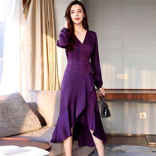 Long-sleeve Ruffle Hem A-line Wrap Dress