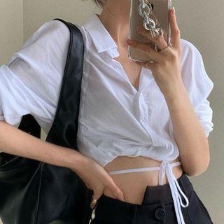 Tie-waist Cropped Shirt / Slit Straight Leg Pants