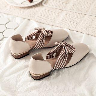 Gingham Ribbon Square Toe Low Heel Sandals